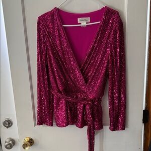 Fushia Sequin Wrap Blouse with Self-Tie Waist - White House Black Market
